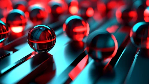 Glass spheres rest on reflective rails under red cyan lighting