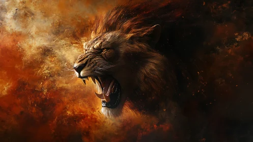 Profile view of roaring lion in dense fiery atmosphere.
