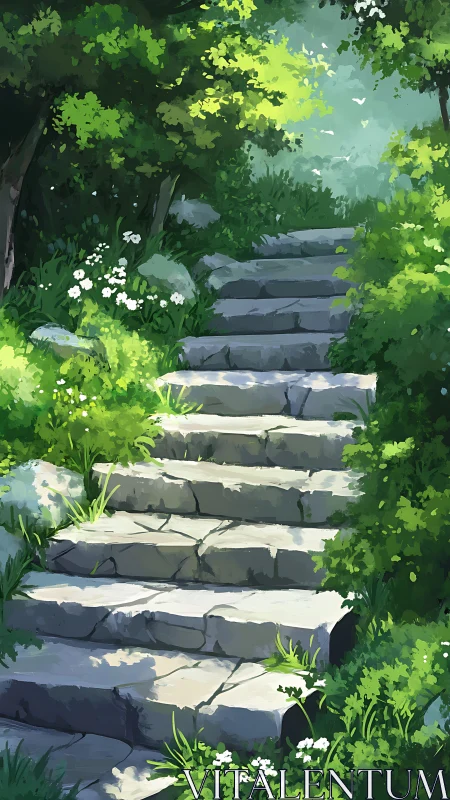 Sunlit Garden Stairway Ascending Through Verdant Foliage and Flowering Plants