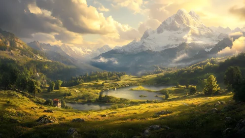 Sunlit alpine valley with lake under towering snow peak.