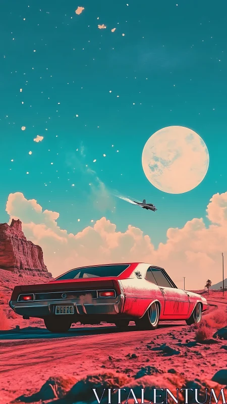 Retro muscle car under surreal moonlit desert sky