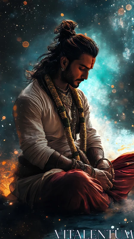 Cosmic calm around a meditating soul wrapped in starlight.
