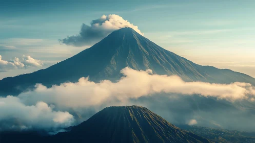 Volcanic peaks rising through layered clouds at sunrise.