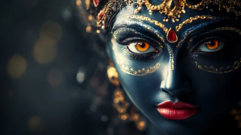Divine blue-faced goddess gazes with intense golden eyes