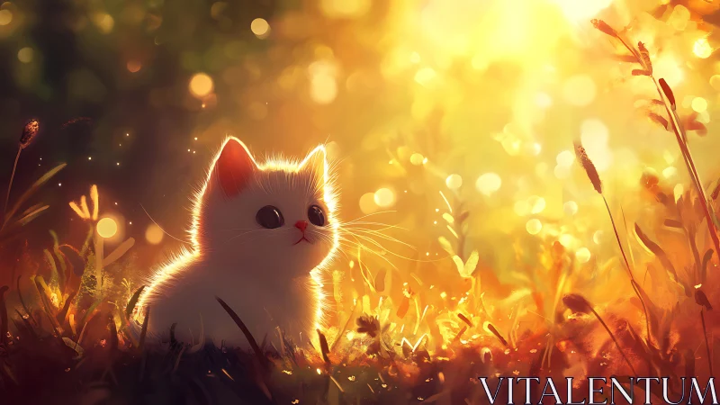 White kitten sits in glowing meadow under strong sunset light