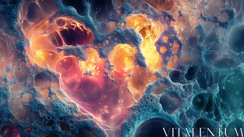 Luminous cosmic heart within iridescent cellular nebula.