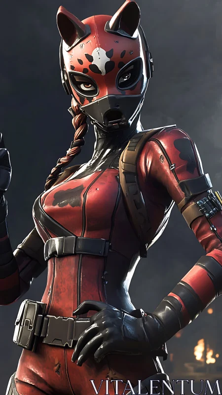 Masked feline-themed combatant in red tactical bodysuit.