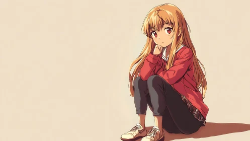 Quiet anime girl sits in soft light with pensive calm