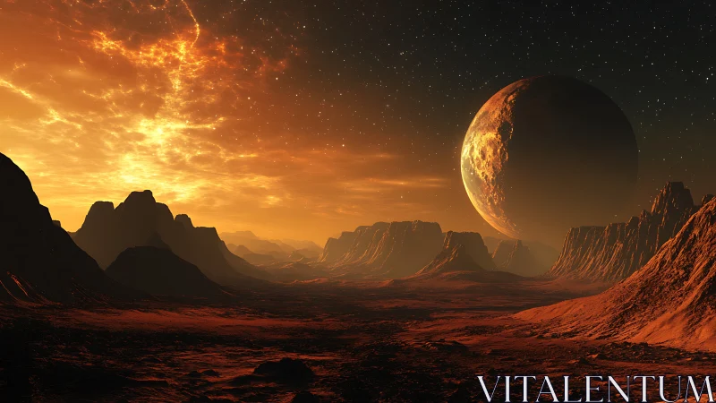Cinematic 3D alien desert vista with eclipsed planetary horizon.