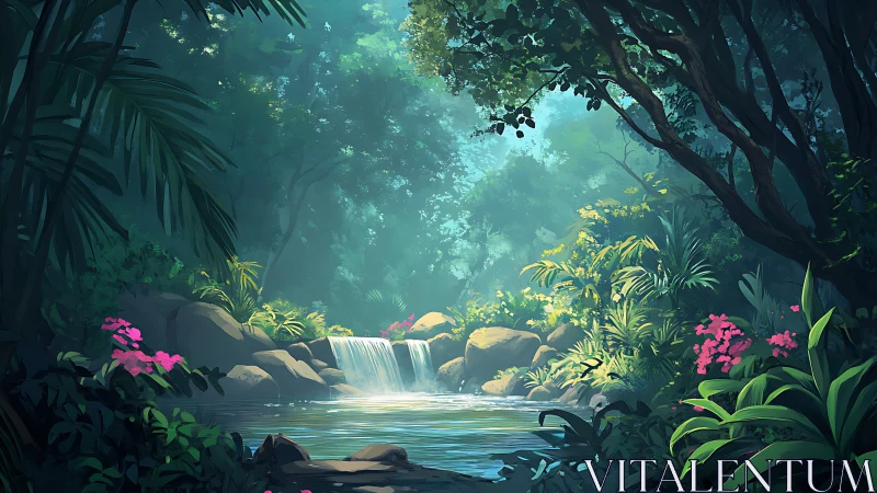 Luminous Forest Sanctuary with Cascading Waters.