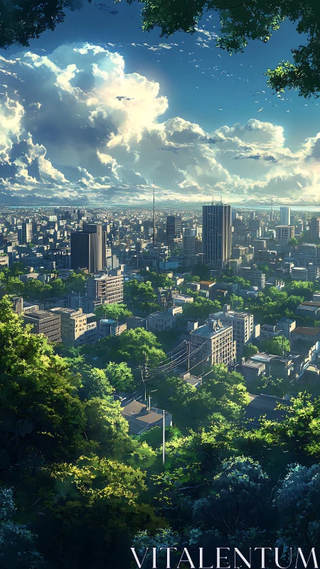 Urban skyline and dense greenery are shown under cumulus clouds