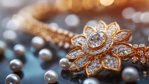 Macro study of diamond pavé floral gold pendant with pearls.