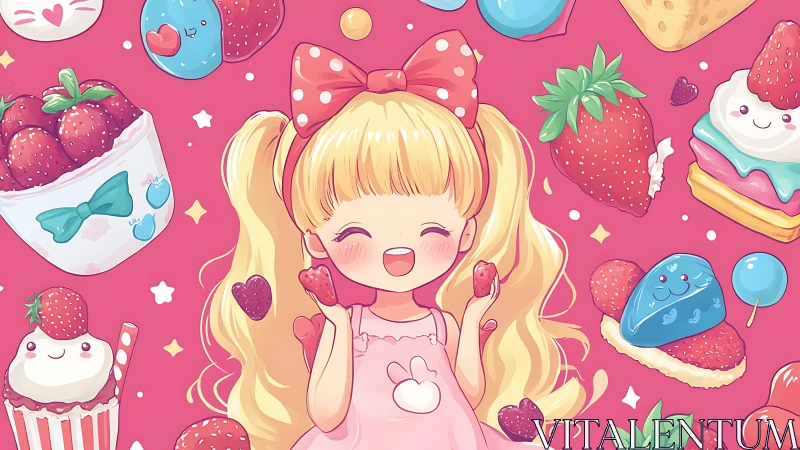 Strawberry daydream girl amid candy-bright kawaii treats.