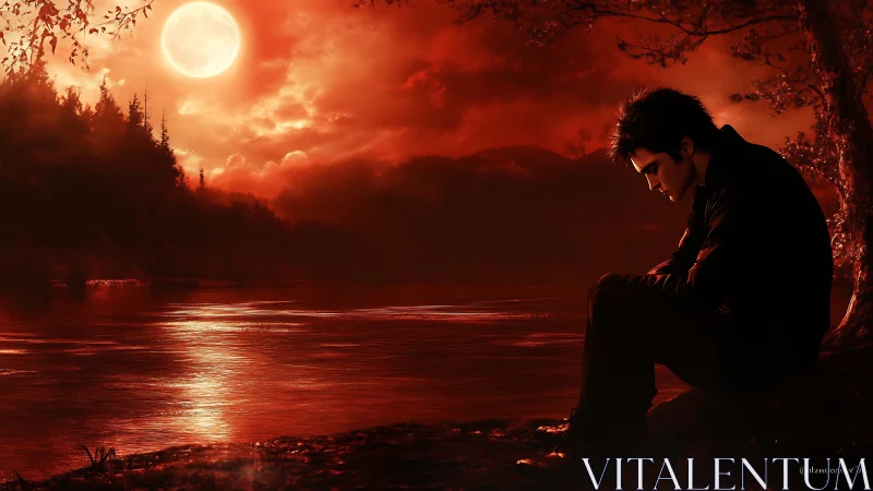 Male figure sits by reflective river under red full moon