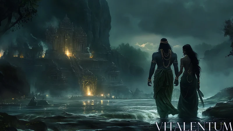 Moonlit lovers approaching a glowing riverside temple together.