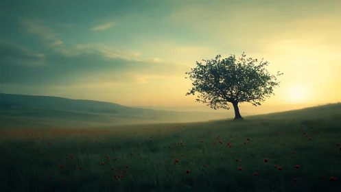 Solitary tree stands on sloping field under low horizon sun