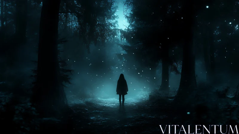 Lone cloaked figure advances through bioluminescent night forest