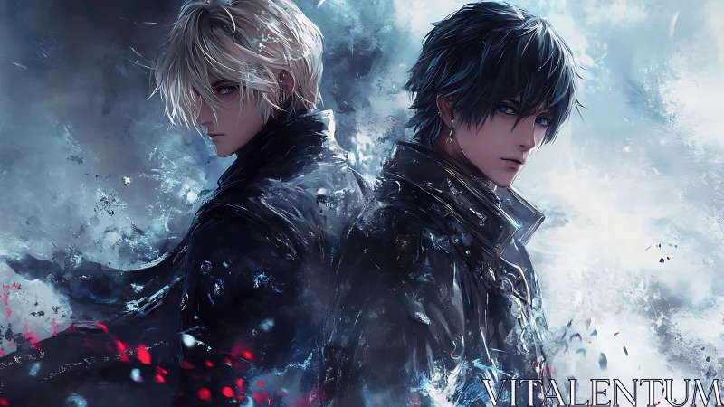 Dual male anime portraits in mirrored, high-contrast composition