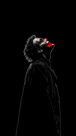 Solitary clown profile in stark red and monochrome void.