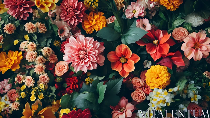 Vibrant Floral Arrangement with Mixed Blooms and Green Foliage.