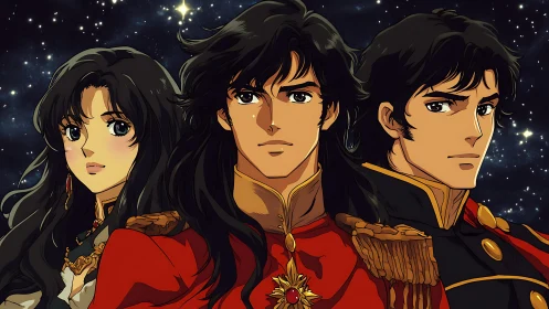 Anime space trio in ornate military uniforms against stars.