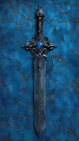 Ornate steel sword with blue inlays on cracked blue wall.