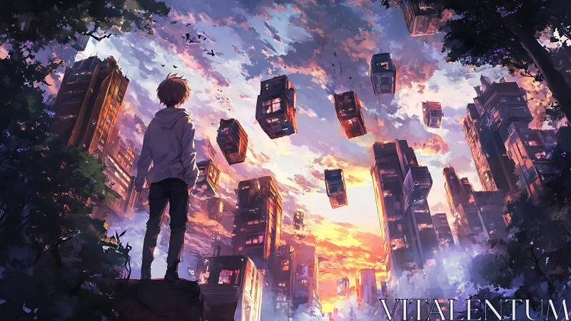 Boy watches floating city blocks over glowing sunset sky