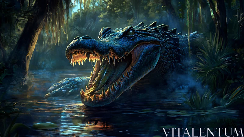Primordial crocodile lunges from misty jungle waterway.