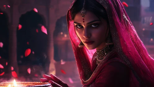Bridal portrait in crimson veil with diya and drifting petals