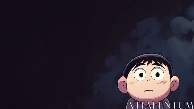 Wide-eyed child illustration against deep shadowed void.