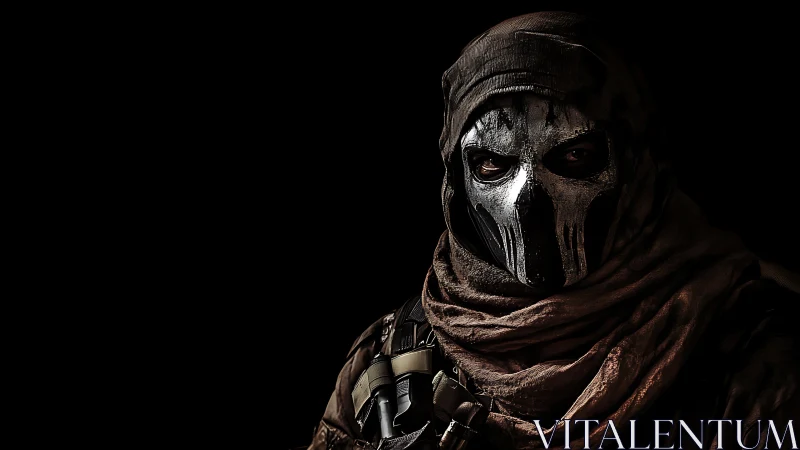 Hooded skull-masked soldier emerging from deep shadow.