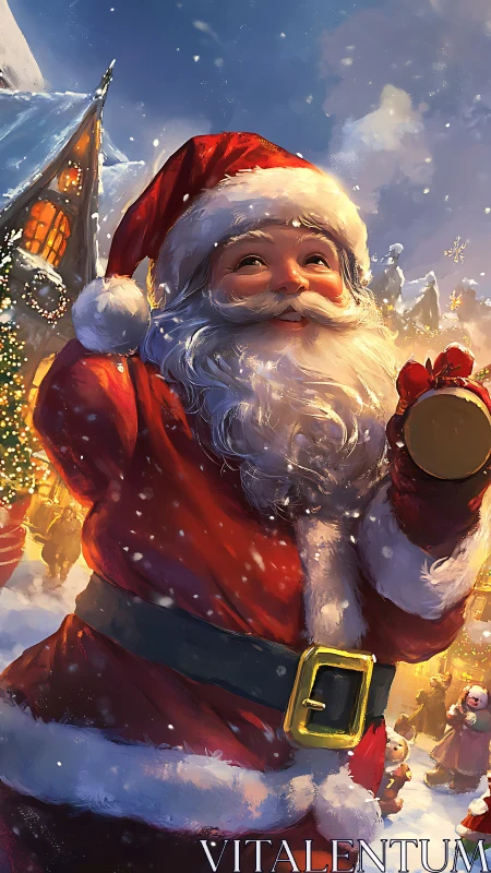 Santa’s cozy winter cheer under softly falling snow.