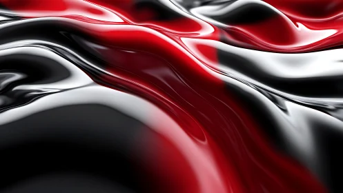 Glossy red, black, and white abstract waves in fluid 3D style.
