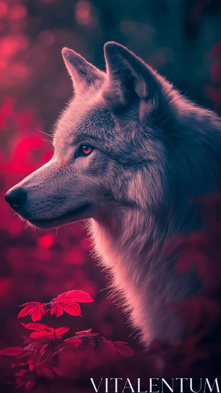 Photorealistic wolf profile in neon magenta forest lighting.