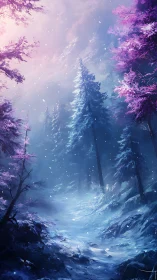 Winter Forest Canyon with Pink Canopy and Luminous Particles