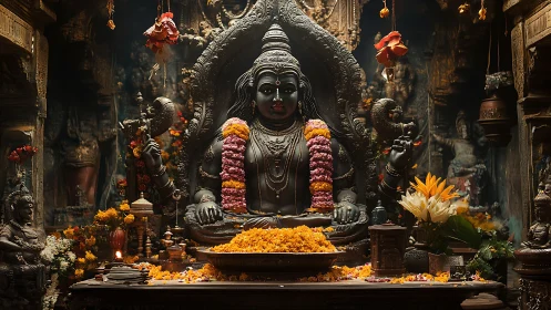 Sacred stone deity adorned with flowers inside ancient shrine.