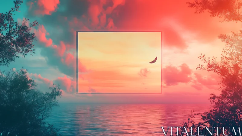 Framed horizon dream where neon skies cradle a lone bird.