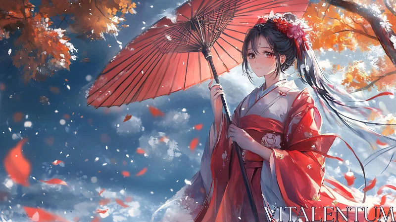 Digital artwork depicts kimono-clad figure with red umbrella