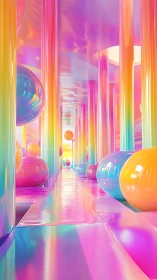 Iridescent corridor holds glossy rainbow spheres and columns.