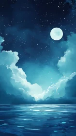 Nocturnal seascape digital painting with lunar focal field.