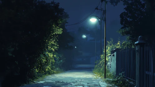 Night street scene shows lit alleyway with foliage and fence