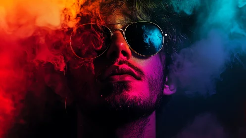 Neon smoke crowns a mirrored gaze in prismatic twilight haze