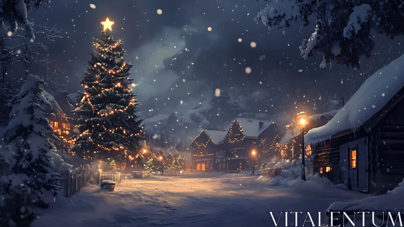 Snow-covered village street with illuminated winter tree.