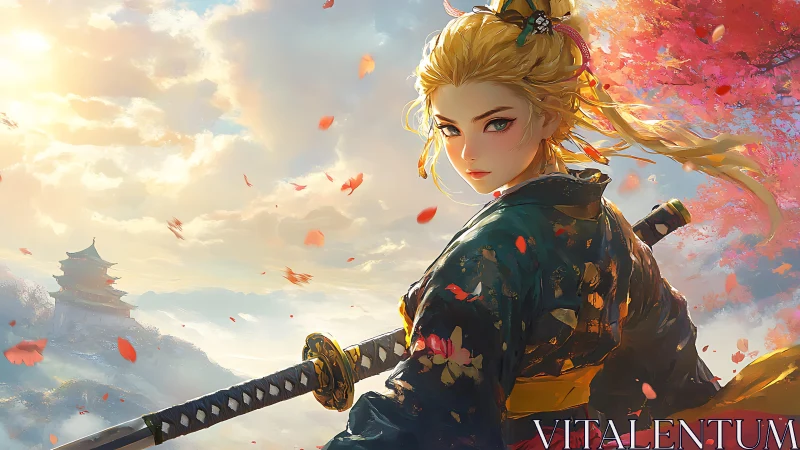 Digital painting of samurai heroine in autumn blossom panorama.