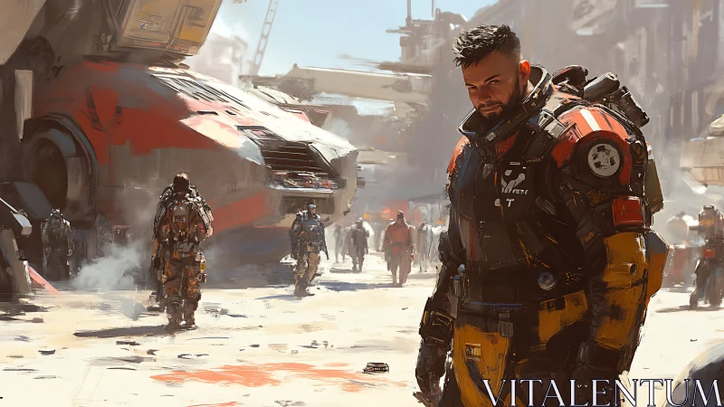 Stoic space mercenary walks a dusty sci‑fi shipyard street
