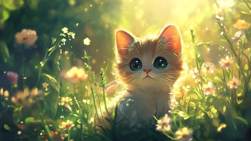 Golden Kitten Discovers Enchantment Within Sunlit Wildflower Meadow