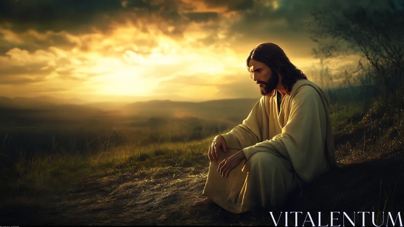 Contemplative robed figure prays at sunset over quiet hills