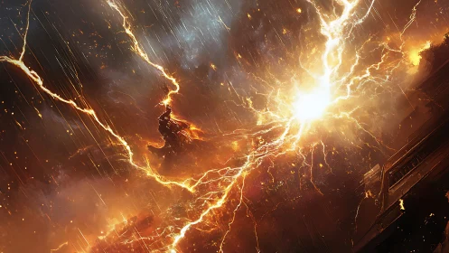 Armored figure confronts apocalyptic lightning blast in storm