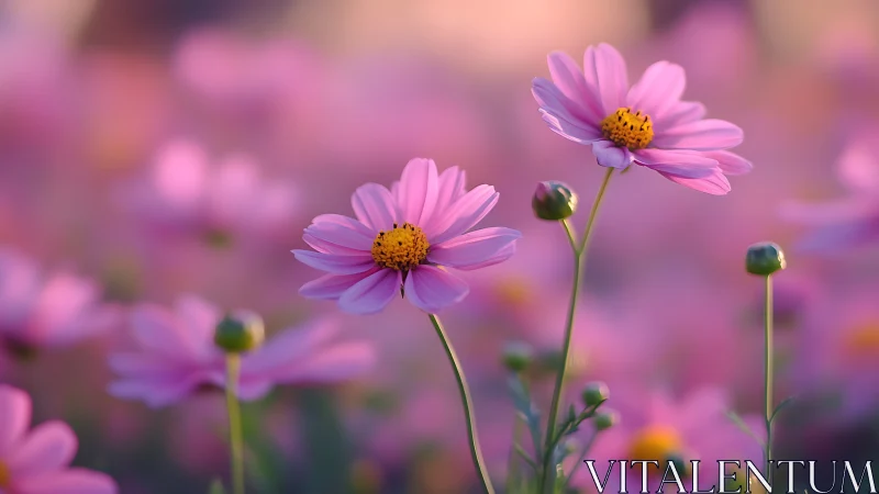 Pink cosmos flowers with yellow centers in soft focus field.