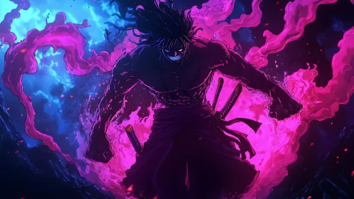 Sword-wielding figure in purple energy aura against dark sky.